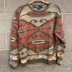 Polo Ralph Lauren Navajo Aztec Tribal Vintage Linen Cotton Hand Knit Sweater XL